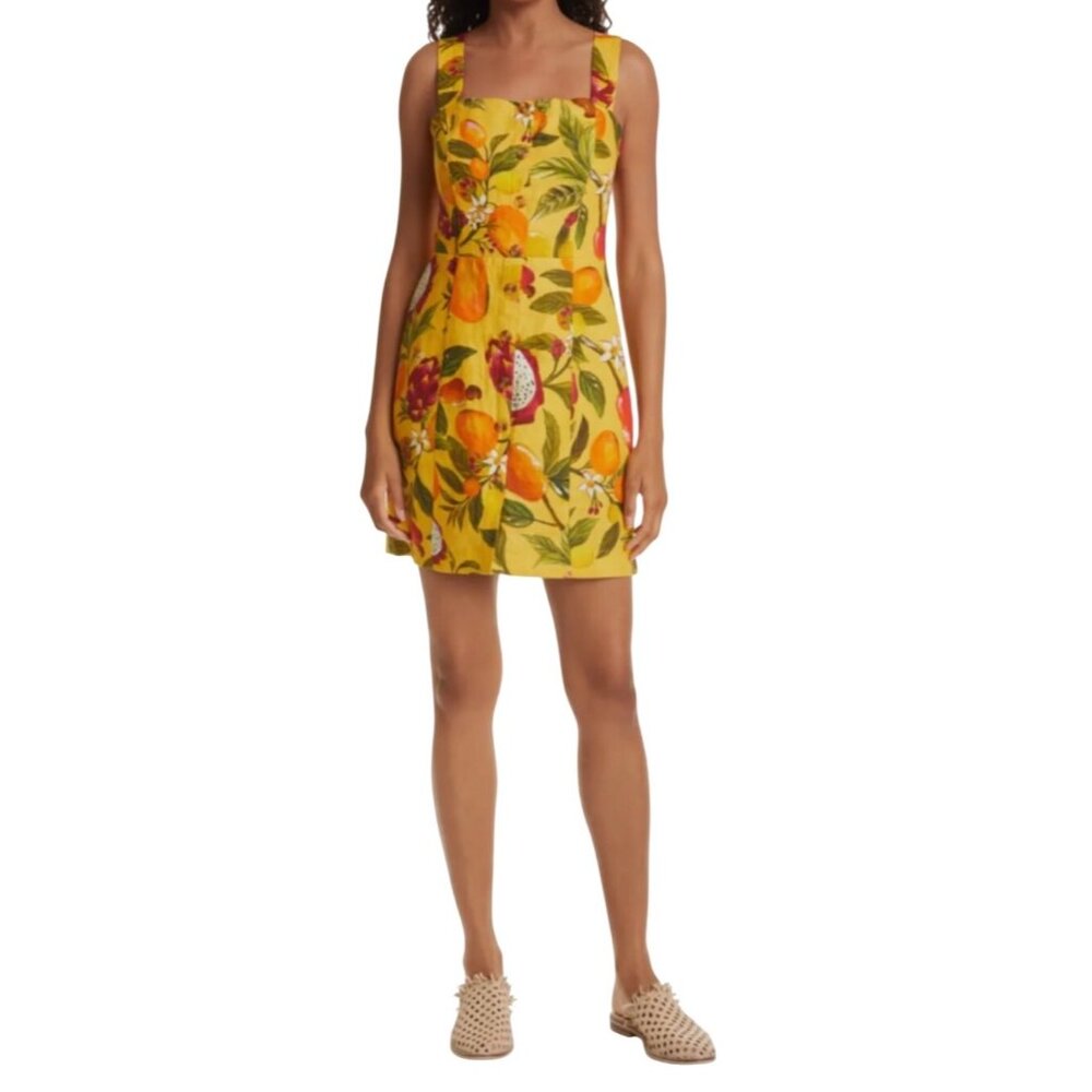 Farm Rio Fruit Lovers Mini Linen Dress Yellow Multicolor Print Size Medium New - Picture 11 of 11